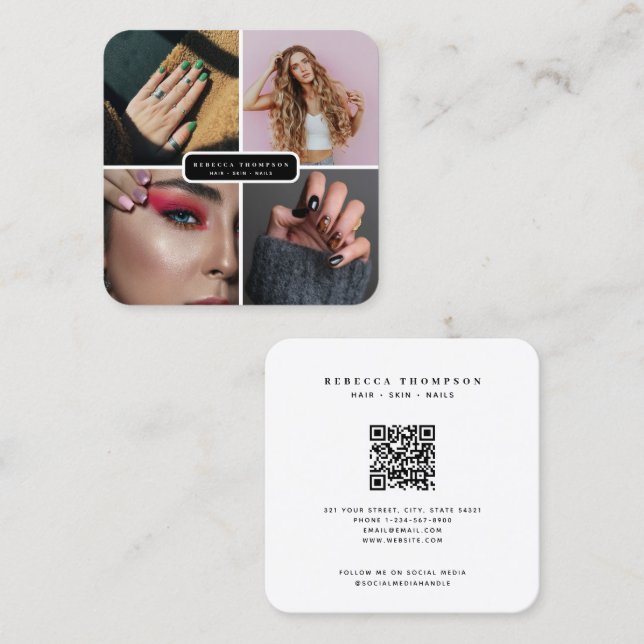 Tarjeta De Visita Cuadrada Moderno 4 Photo Hair Skin Nail Salon QR Code (Anverso / Reverso)