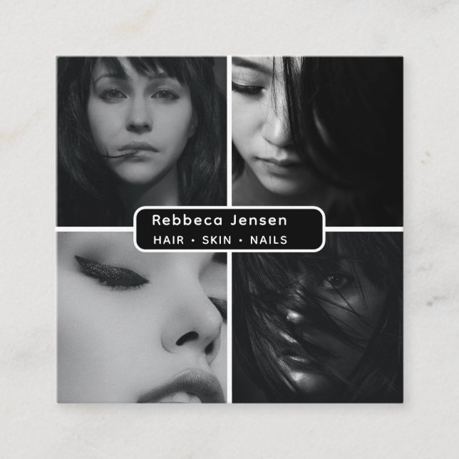 Tarjeta De Visita Cuadrada Moderno 4 Photo Hair Skin Nail Salon QR Code (Anverso)