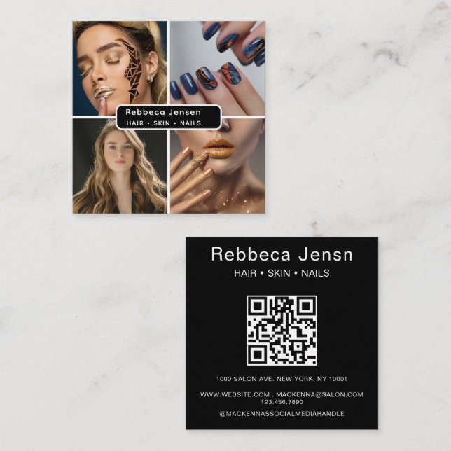 Tarjeta De Visita Cuadrada Moderno 4 Photo Hair Skin Nail Salon QR Code (Anverso / Reverso)