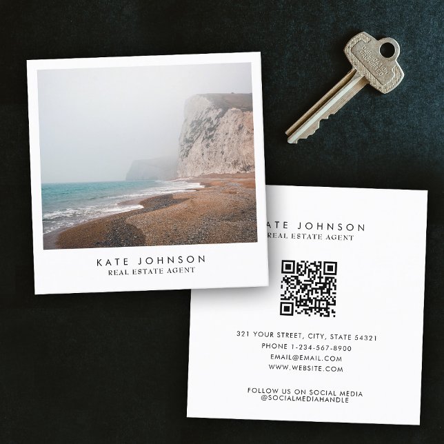Tarjeta De Visita Cuadrada Moderno Agente Inmobiliario Beach Ocean Full Photo (Modern Real Estate Agent Beach Ocean Full Photo Square Business Card)
