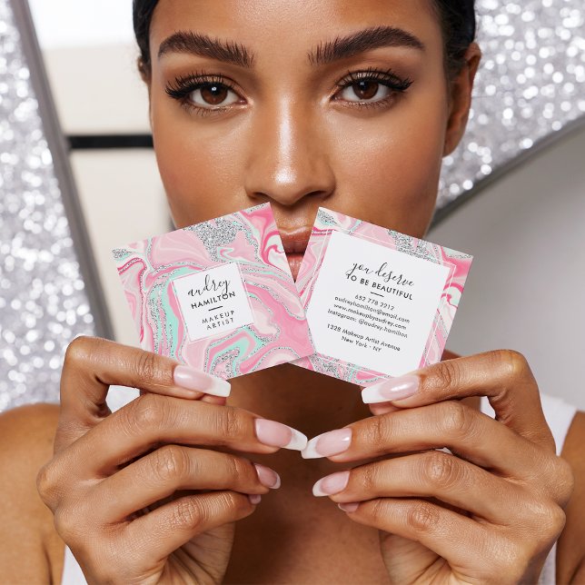 Tarjeta De Visita Cuadrada Moderno artista de maquillaje elegante de plata de (Modern pink marble silver elegant makeup artist)