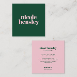 Tarjeta De Visita Cuadrada Moderno audaz profesional minimalista verde y rosa