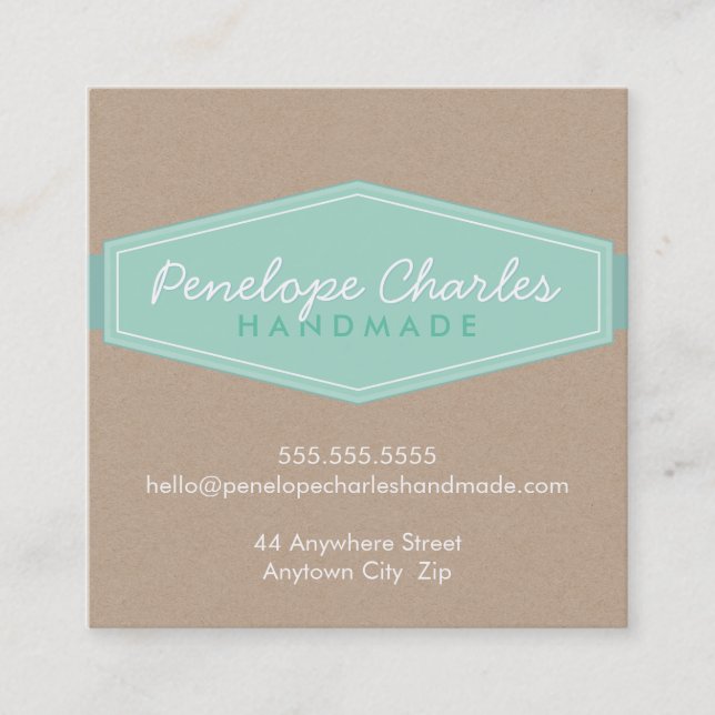 Tarjeta De Visita Cuadrada MODERNO BADGE LOGO menta pastel negrita Eco kraft (Anverso)