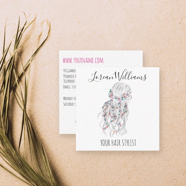 Tarjeta De Visita Cuadrada Moderno Boho Blanco Negro Wavy Hair Style Floral (Subido por el creador)