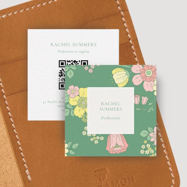 Tarjeta De Visita Cuadrada Moderno Boho Floral Square QR (Subido por el creador)