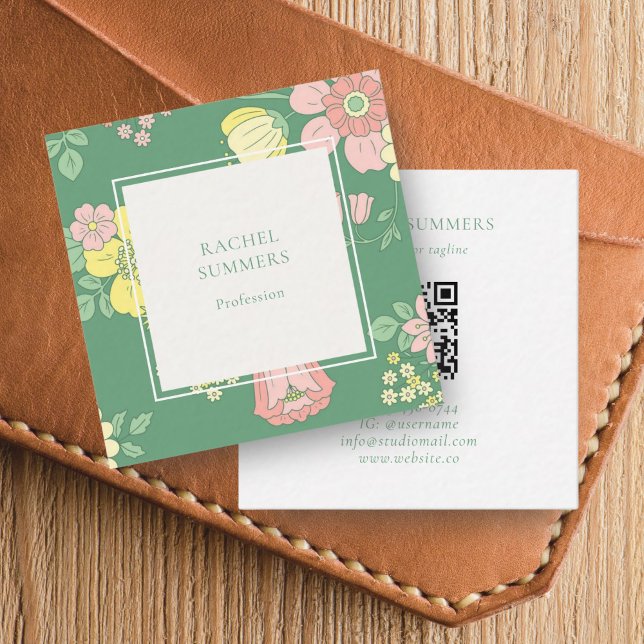 Tarjeta De Visita Cuadrada Moderno Boho Floral Square QR (Subido por el creador)