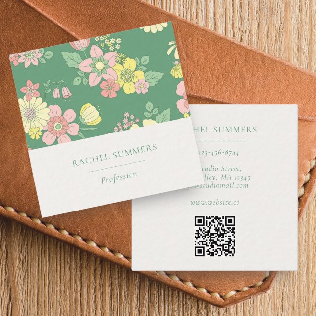 Tarjeta De Visita Cuadrada Moderno Boho Floral Square QR (Subido por el creador)