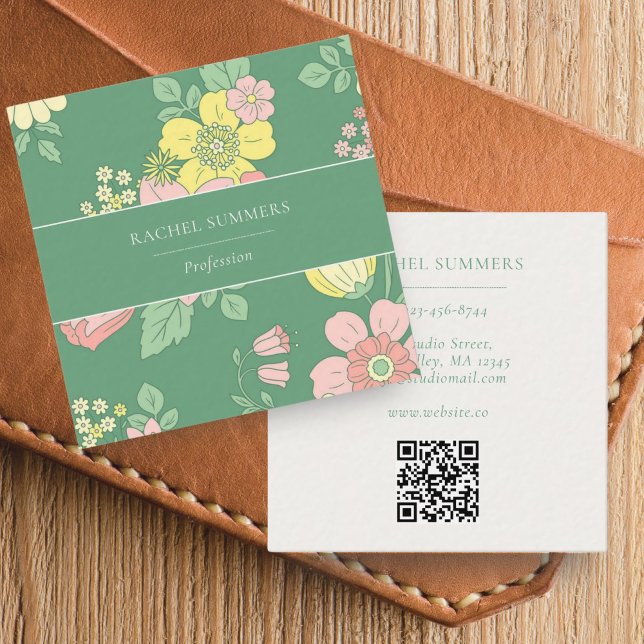 Tarjeta De Visita Cuadrada Moderno Boho Floral Square QR (Subido por el creador)