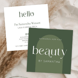 Tarjeta De Visita Cuadrada Moderno Boho Sage Green Lash Brows Beauticie