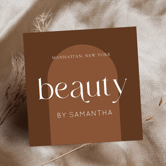 Tarjeta De Visita Cuadrada Moderno Boho Terracotta Lash Brows Beauticie (Bohemian beauty salon & aestheticians business cards featuring terracotta background  & modern font )
