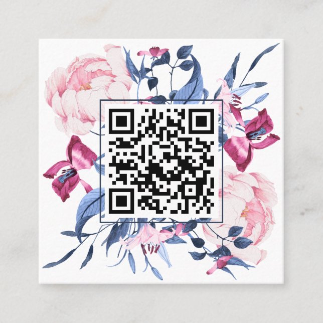 Tarjeta De Visita Cuadrada Moderno código QR acuarela Floral Azul rosa elegan (Anverso)