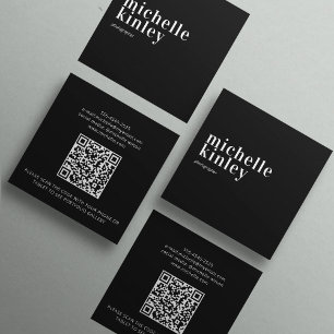 Tarjeta De Visita Cuadrada Moderno código QR personal simple minimalista negr
