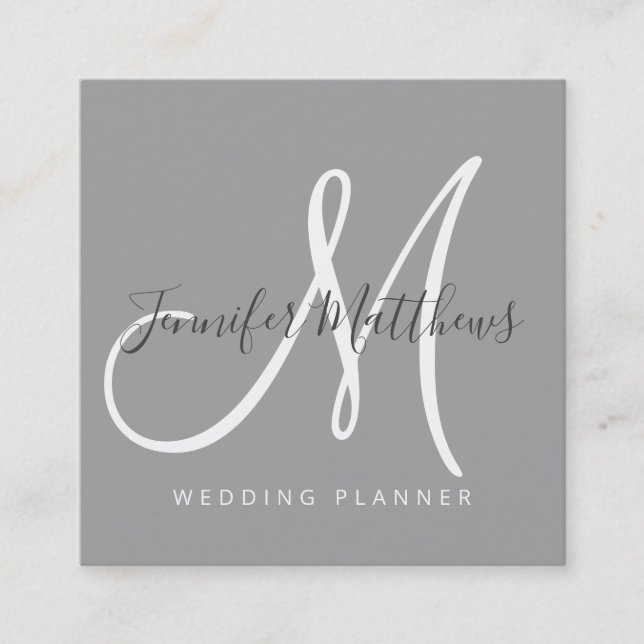 Tarjeta De Visita Cuadrada Moderno Gris Elegante Script Firma Monograma (Anverso)