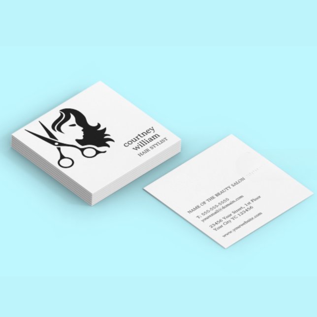 Tarjeta De Visita Cuadrada Moderno Guay Simple Black Hair Stylist (Modern Cool Simple Black White Hair Stylist Square Business Card)