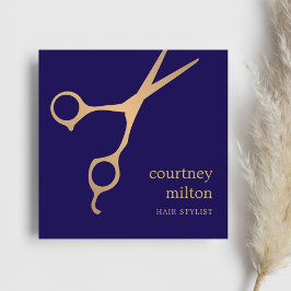 Tarjeta De Visita Cuadrada Moderno Guay Simple Blue Faux Gold Hair Stylist