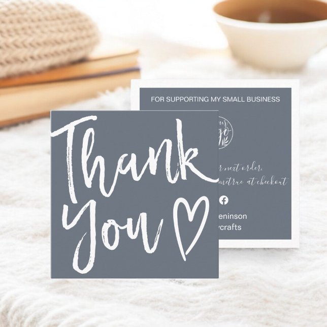 Tarjeta De Visita Cuadrada Moderno guión de agradecimiento orden simple azul  (Modern thank you script order simple dusty blue square business card)