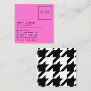 Tarjeta De Visita Cuadrada Moderno Houndstoth Add Logo Black White Neon Pink