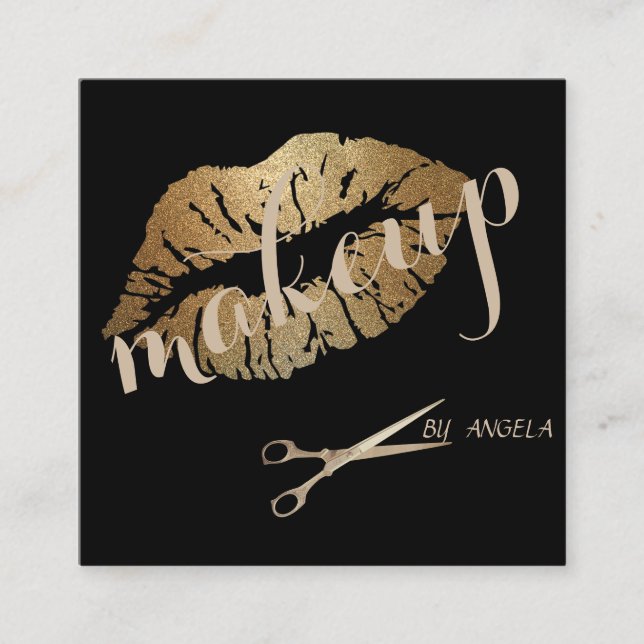 Tarjeta De Visita Cuadrada Moderno Labios Purpurinoso elegantes, tijeras (Anverso)