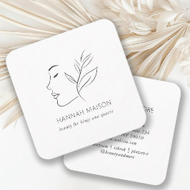 Tarjeta De Visita Cuadrada Moderno, Line Art, Mujer, Leafy, Salon, Blanco