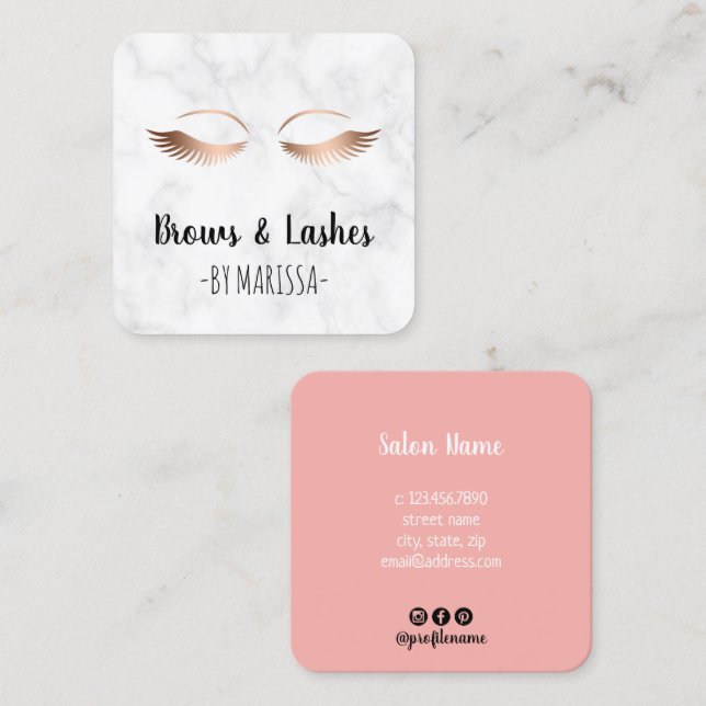 Tarjeta De Visita Cuadrada Moderno mármol blanco rosa cejas doradas y azotes (Anverso / Reverso)
