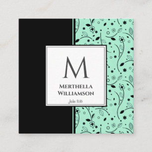 Tarjeta De Visita Cuadrada Moderno MONOGRAM Neo Mint Floral Negra