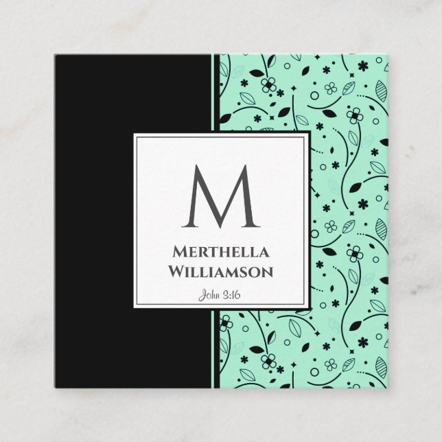 Tarjeta De Visita Cuadrada Moderno MONOGRAM Neo Mint Floral Negra (Anverso)