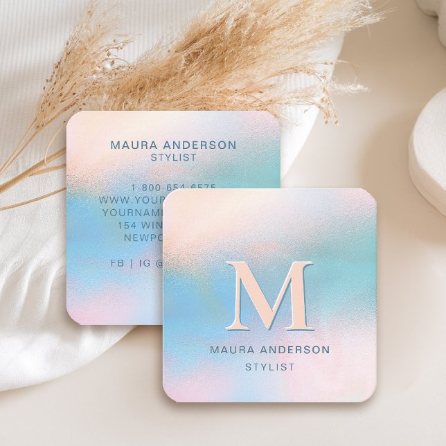 Tarjeta De Visita Cuadrada Moderno Monograma Azul Peach Verde azulado Holo El (holographic teal blue business card square peach monogram hairdresser stylist artist lash nails)