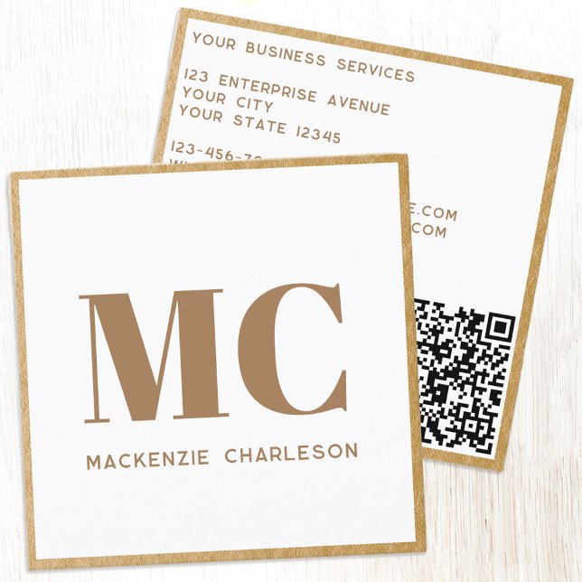 Tarjeta De Visita Cuadrada Moderno Monograma Iniciales QR Código Marco dorado (Minimalist monogram initial QR code faux gold foil frame professional business card)