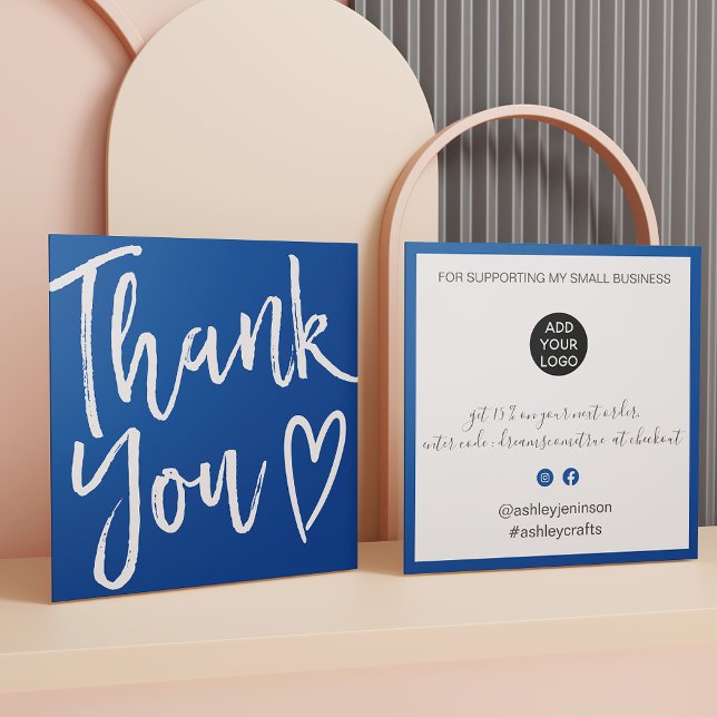 Tarjeta De Visita Cuadrada Moderno orden de escritura de agradecimiento mínim (Modern thank you script order minimal chic blue square business card)