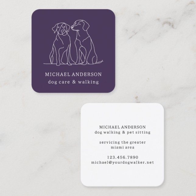 Tarjeta De Visita Cuadrada Moderno perro morado camina perro caminante Mascot (Anverso / Reverso)