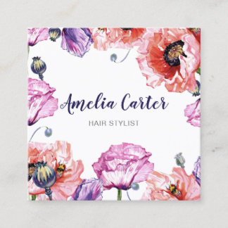 Tarjeta De Visita Cuadrada Moderno Rojo Poppies Floral Girly Cute Personaliza