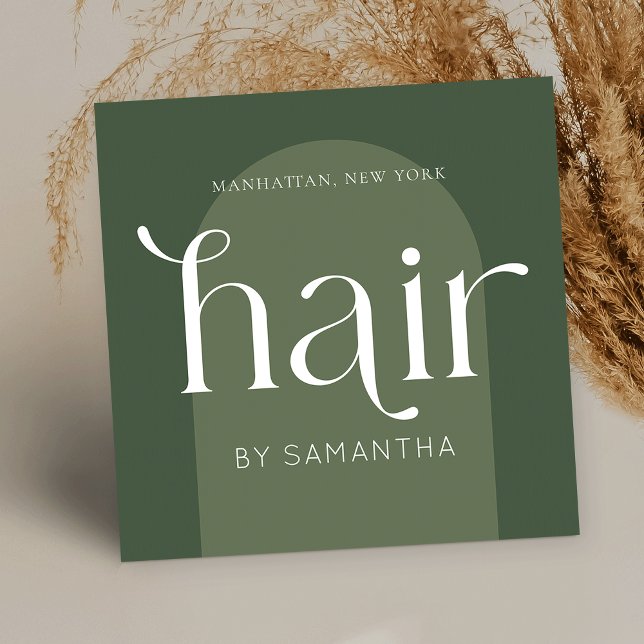 Tarjeta De Visita Cuadrada Moderno salón estilo Boho Sage Green Hair Unique (Modern boho sage green hairstylist business cards with modern display font and arch background)