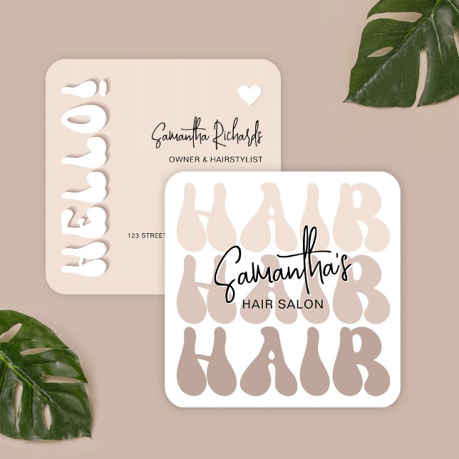 Tarjeta De Visita Cuadrada Moderno salón retro pekinés elegante Moda moderna (Retro beige and white hair business cards, a trendy and chic design that is sure to impress)
