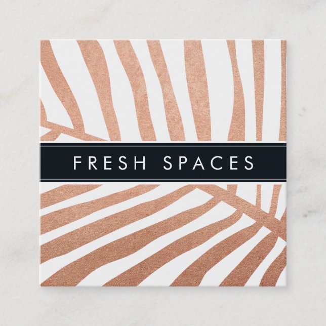 Tarjeta De Visita Cuadrada MODERNO TROPICAL PALM LEAF logo de moda oro rosa (Anverso)