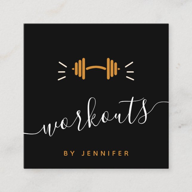 Tarjeta De Visita Cuadrada Moderno Workouts Gym Trainer Fitness Barbell Logo (Anverso)