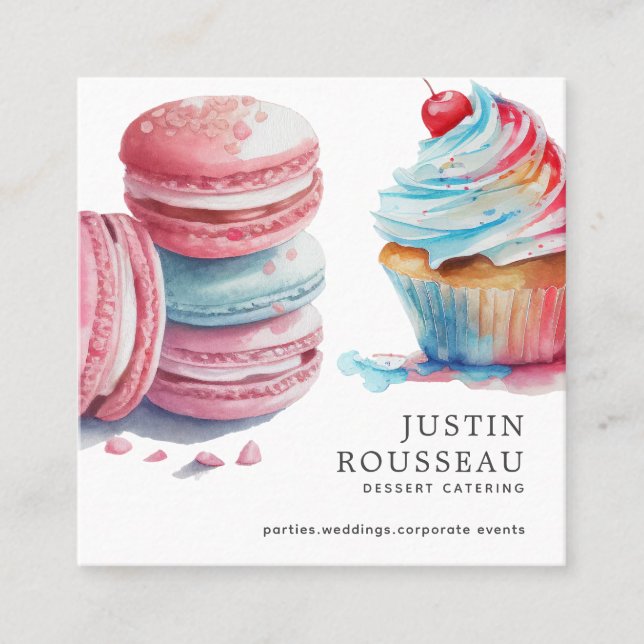 Tarjeta De Visita Cuadrada Moderno y audaz acuarela Baker Pastry Chef postres (Anverso)