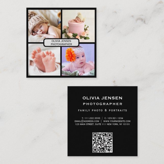 Tarjeta De Visita Cuadrada Moderno y elegante fotógrafo de collage qr code (Anverso / Reverso)