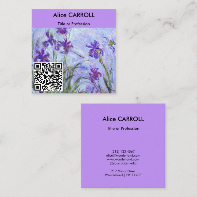 Tarjeta De Visita Cuadrada Monet - Lilac Irises / Iris Mauves - Código QR (Anverso / Reverso)