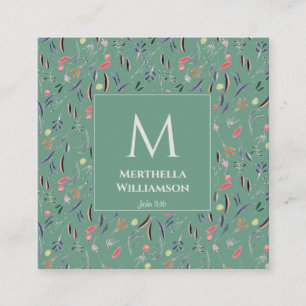 Tarjeta De Visita Cuadrada MONOGRAM de floración verde Verde azulada moderna