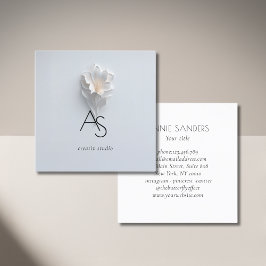 Tarjeta De Visita Cuadrada Monogram Minimalist Floral White Blue