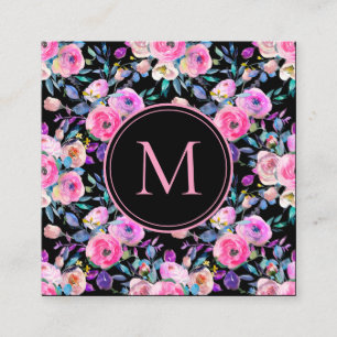 Tarjeta De Visita Cuadrada Monograma acuarela floral rosa