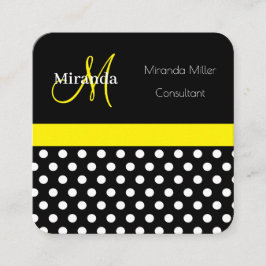 Tarjeta De Visita Cuadrada Monograma amarillo Polka blanco negro punto