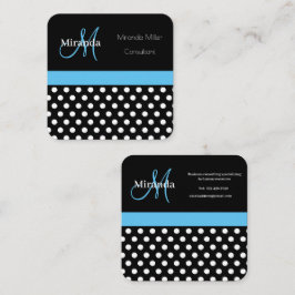 Tarjeta De Visita Cuadrada Monograma azul Punto de Polka Blanco Negro