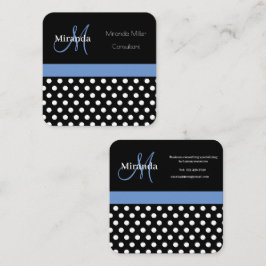 Tarjeta De Visita Cuadrada Monograma azul Punto de Polka Blanco Negro