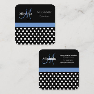 Tarjeta De Visita Cuadrada Monograma azul Punto de Polka Blanco Negro