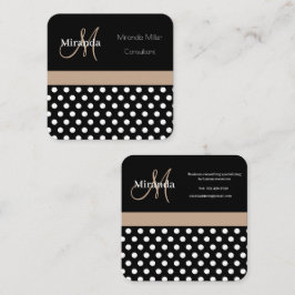 Tarjeta De Visita Cuadrada Monograma Beige Punto de Polka Blanco Negro