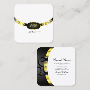 Tarjeta De Visita Cuadrada Monograma blanco y negro de oro de lujo con diaman
