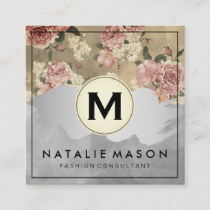Tarjeta De Visita Cuadrada Monograma Color Bloque Patrón Floral Vintage II
