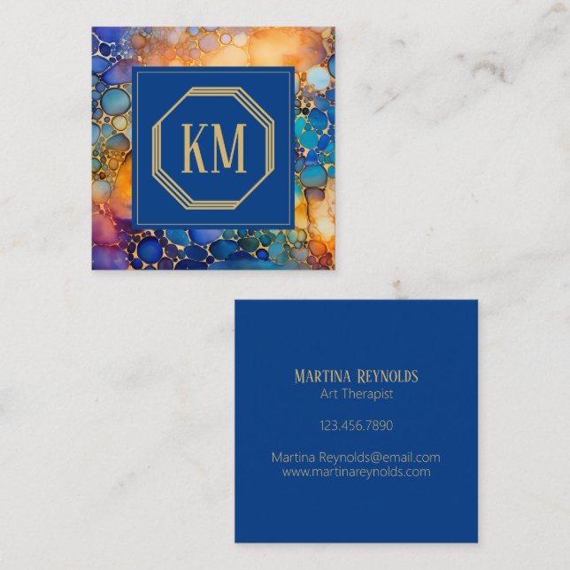 Tarjeta De Visita Cuadrada Monograma de acuarela moderna y marina (Anverso / Reverso)