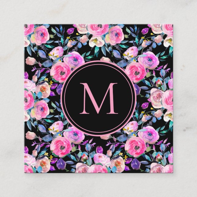Tarjeta De Visita Cuadrada Monograma de acuarela rosa floral (Anverso)